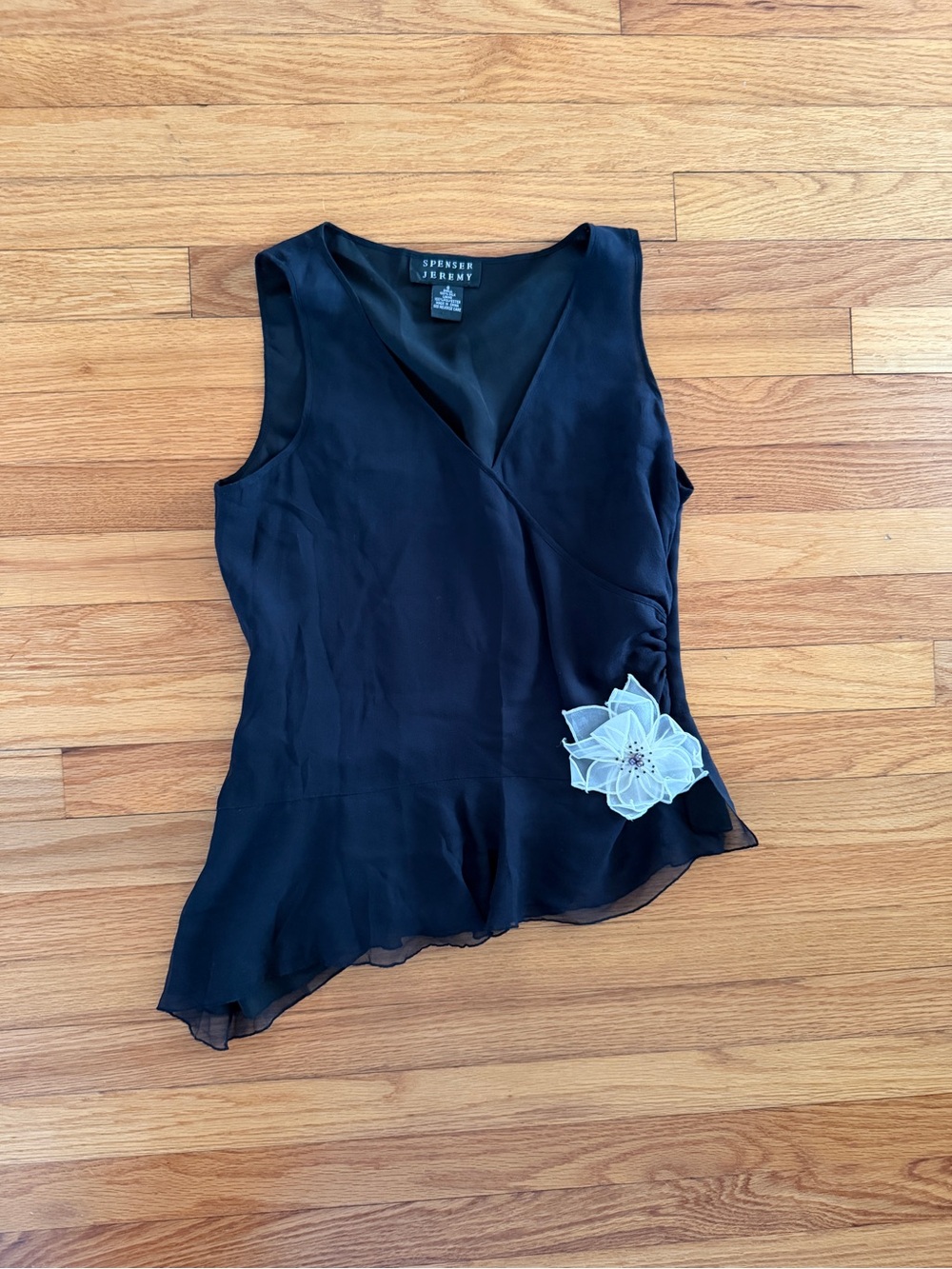 SPENSER JEREMY Y2K 100% SILK TANK BLACK + BEADED FLOWER V NECK SIZE S
